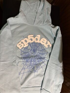 Unbranded Men's Zip-Up Hoodie in Light Blue with Lilac Spider Web Graphic